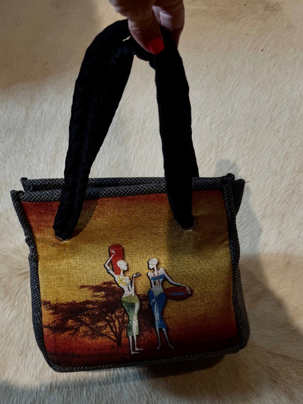 African-Themed Tapestry Handbag/Tote Velvet Handles NWOT